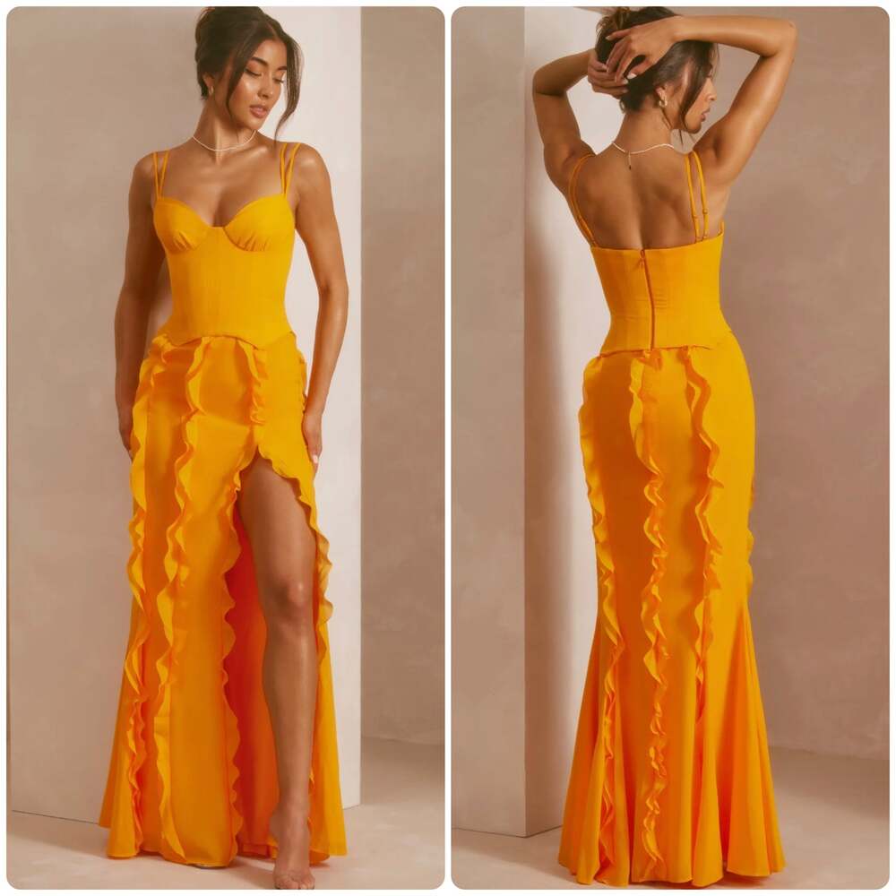 Oh Polly Perrine Corset Frill Skirt Maxi Dress Tangerine Orange Size 2 + New